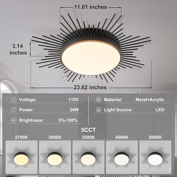 D23.6 in. LED Ceiling Light, Flower Ceiling Light Dimmable Ceiling Lights Flush Mount Flower Light Fixture Black Firework Hallway Light Fixtures for Kids Room Bedroom 5CCT 2700K-5000K