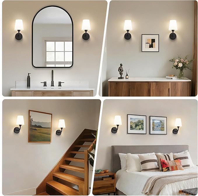 Modern Bathroom Vanity Light, Matte Black Bathroom Light Fixtures, Set of 2 Lighting Fixtures Over Mirror, Modern Wall Sconce with Flared White Fabric Shade, E26 Socket(ETL Listed)