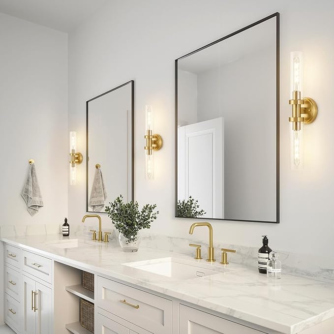 SANTOSTOCK Hardwired Wall Sconces Set of 2, Brushed Gold Bathroom Wall Sconces Vanity Light Fixture with Clear Glass, Modern Farmhouse Wall Lights for Bathroom Mirror Living Room Hallway Kitchen