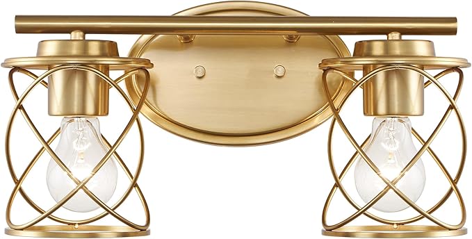 mavcadonf 2-Light UL Certified Brushed Gold Vanity Light, Metal Cage Shade Wall Sconce Over Mirror, Modern Farmhouse Light Fixture for Bathroom Kitchen Bedroom Hallway