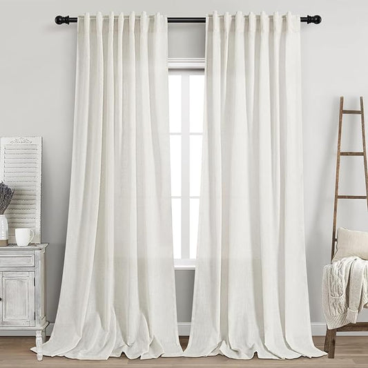Nanspring Extra Long 112 Inch Long Beige White Linen Curtains Back Tab Neutral Farmhouse Light Filtering Semi Transparent Large Windows Ceiling to Floor for Living Room 2 Pack
