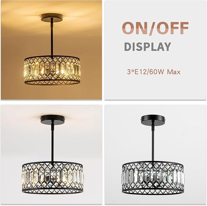Crystal Ceiling Lights 12 Inch Modern Semi Flush Mount Ceiling Light Fixture,Farmhouse Rustic Black Chandelier for Bathroom Corridor Entrance Kitchen Dining Room Living Room Foyer(3 Light)