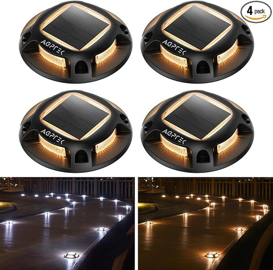 AGPTEK Solar Driveway Lights Outdoor 4 Pack, 2 Color Modes LED Deck Dock Marine Waterproof Driveway Marker Lights for Step Sidewalk Stair Garden Pathway Walkway Yard (Warm White/Cool White, Black)