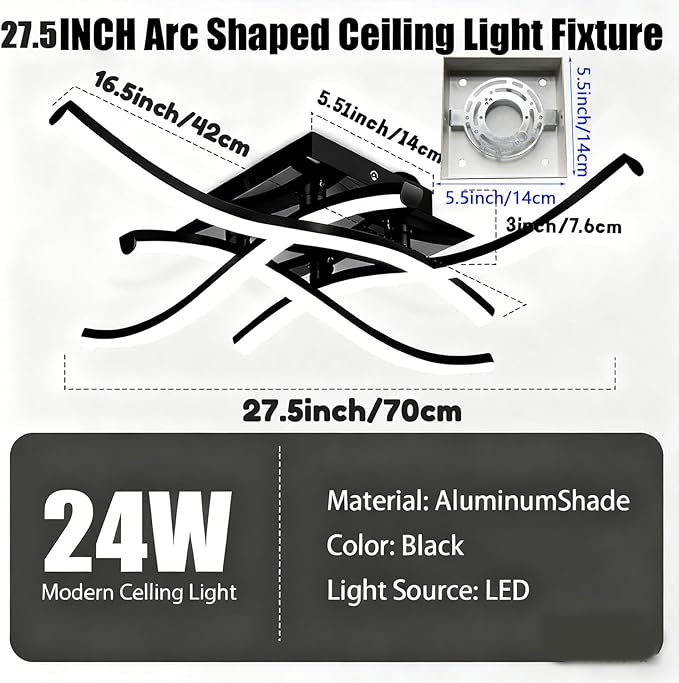 27.5Inch Modern LED Ceiling Light Fixture, 24W Curved Wave Ceiling Lamp for Bedroom, Kitchen, Hallway, Foyer Library Dining Room Black Modern Ceiling Light Fixture