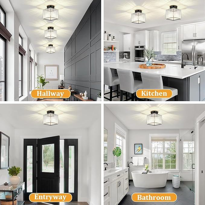 2-Pack Black Crystal Semi Flush Mount Ceiling Light 7.24" Modern Square Lighting Fixture Small Chandelier for Kitchen Hallway Entryway Dining Room Bedroom Bathroom Laundry