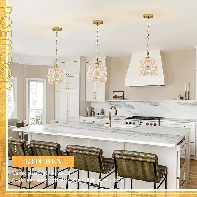 3-Pack Flower Small Pendant Lighting Gold Glass Pendant Light with White Ceramic Flowers Modern 1-Light for Kitchen Island Sink Dining Room Entryway Hallway, E26