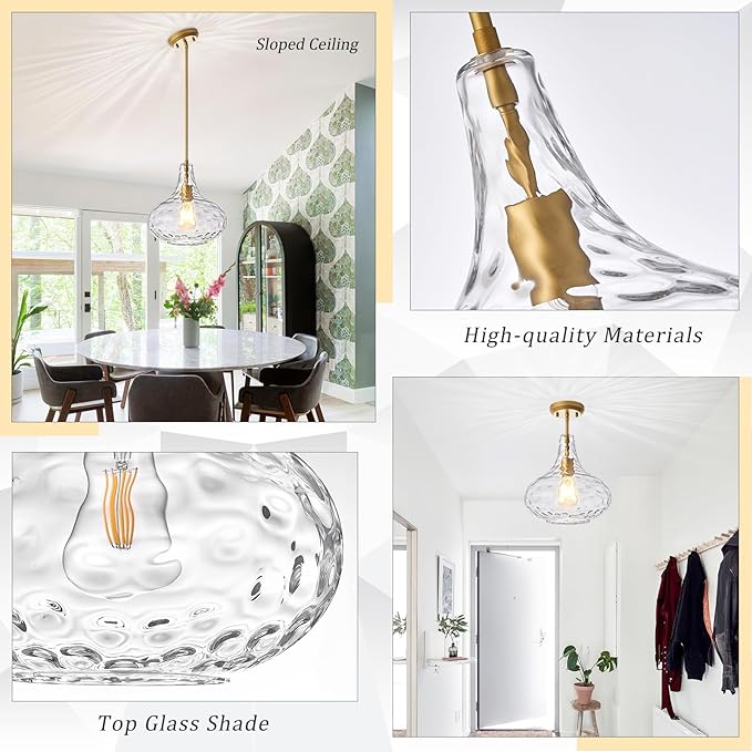CATINER 11" Clear Glass Pendant Light – Large Hand-Blown Glass Shade with Hammered Texture and Gold Finish, Adjustable Ceiling Hanging Light for Kitchen Island, Dining Room, Hallway, Living Room