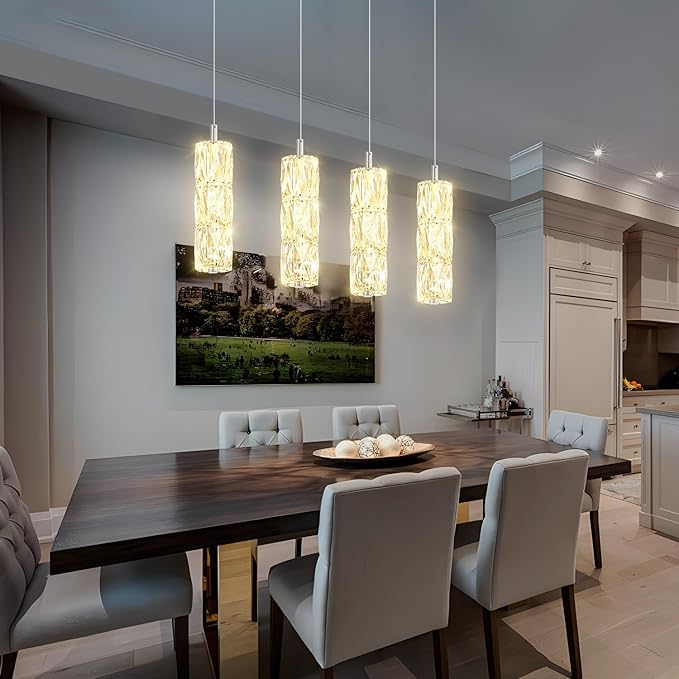 ykolupty Rectangle Crystal Pendant Lights LED Dimmable Pendant Ceiling Lighting Modern Linear Chandelier for Dining Room Hallway Silver