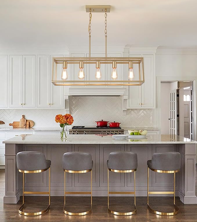 AMZASA Gold Rectangle Kitchen Island Lights Rectangular Modern Industrial Chandelier for Dining Room 5 Lights Linear Vintage Cage Light Fixtures UL Listed