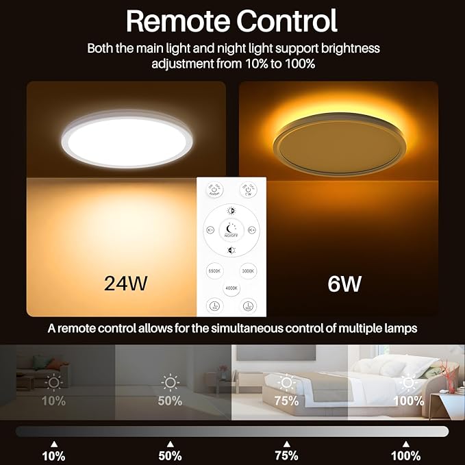 AmazeFan 12 Inch LED Ceiling Light Dimmable - 24W 2400LM Modern Wired Ceiling Lamp with Remote - 6W Night Light Warm - LED Flush Mount Ceiling Lights for Bedroom Kitchen Living Room Round (White)