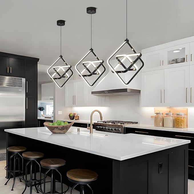 Modern LED Pendant Light Black Pendant Lights 4000K 35W Dimmable External Glow Height Adjustable Pendant Lighting Rectangle Chandelier for Kitchen Island Dining Room Bedroom Foyer（3-Ring）