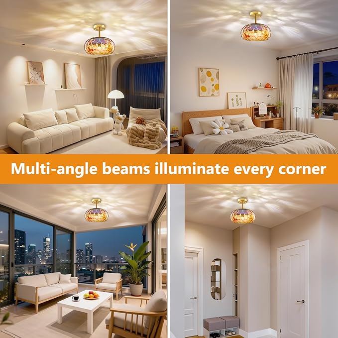 Vintage Ceiling Light Fixture, 12''& 3-Light Amber Indoor Semi Flush Mount Ceiling Light, Brass Rainbow Lampshade for Farmhouse, Bedroom, Kitchen, Living Room, Hallway Bulbs Not Included