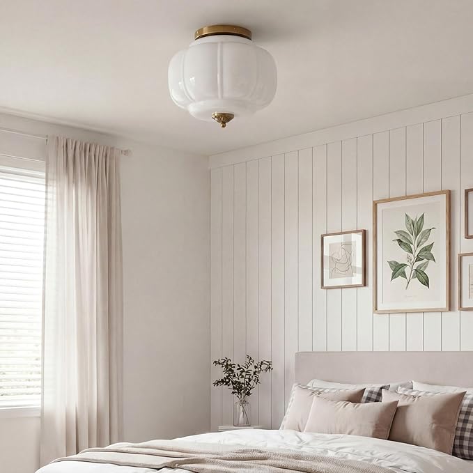 Milk Glass Ceiling Light Fixture - Farmhouse Antique Brass Semi Flush Mount Ceiling Light for Kitchen, Hallway, and Bedroom (White 15 inch)