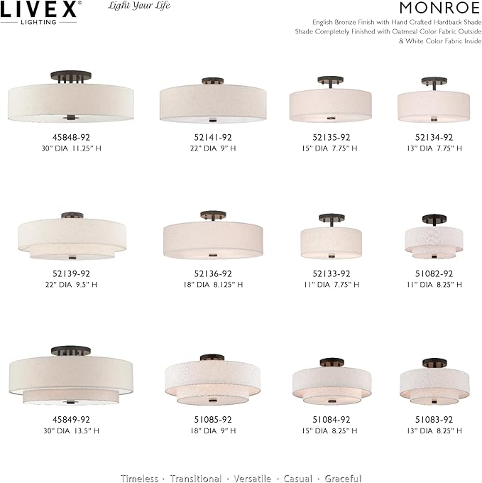 Livex Lighting 52136-92 Meridian Collection 4-Light Transitional Ceiling Mount Fixture with Oatmeal Color Fabric Hardback Shade, English Bronze