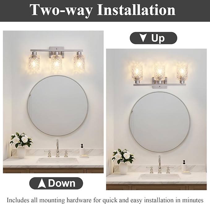 Mecgirn Stainless Steel Bathroom Vanity Light Over Mirror, 3 Light Brushed Nickel Bathroom Light Fixtures with Textured Glass Shades, Ceramic E26 Sockets Wall Mounted