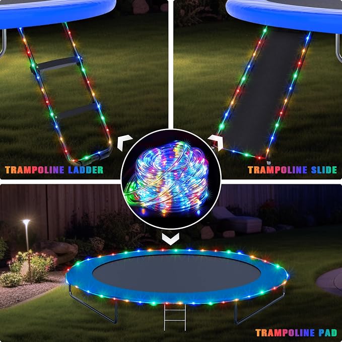 JMEXSUSS Trampoline Accessories 200 LED Trampoline Lights, 66ft IP 65 Waterproof Solar Rope Lights Outdoor, 8 Modes Solar Patio Light for Fence Garden Yard Backyard Tree Slide (Multicolor)