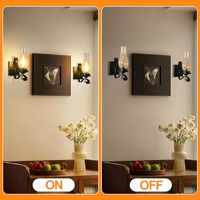 Rustic Wall Sconces Sets of 2, Black Hardwired Farmhouse Wall Sconce Indoor, Retro Wall Lamps with Amber Glass, Vintage Bedside Sconces Wall Lighting Lantern for Living Room Bathroom
