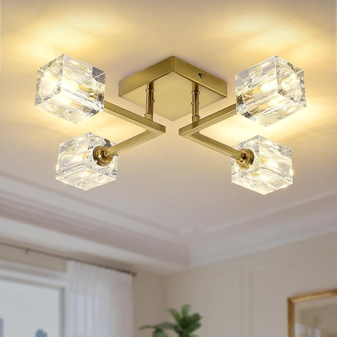 Gold Crystal Sputnik Ceiling Light Fixture, 4-Lights Modern Sputnik Chandelier, 17.7 inch Low Ceiling Chandelier for Bedroom Kitchen Dining Room Hallway Entryway Office