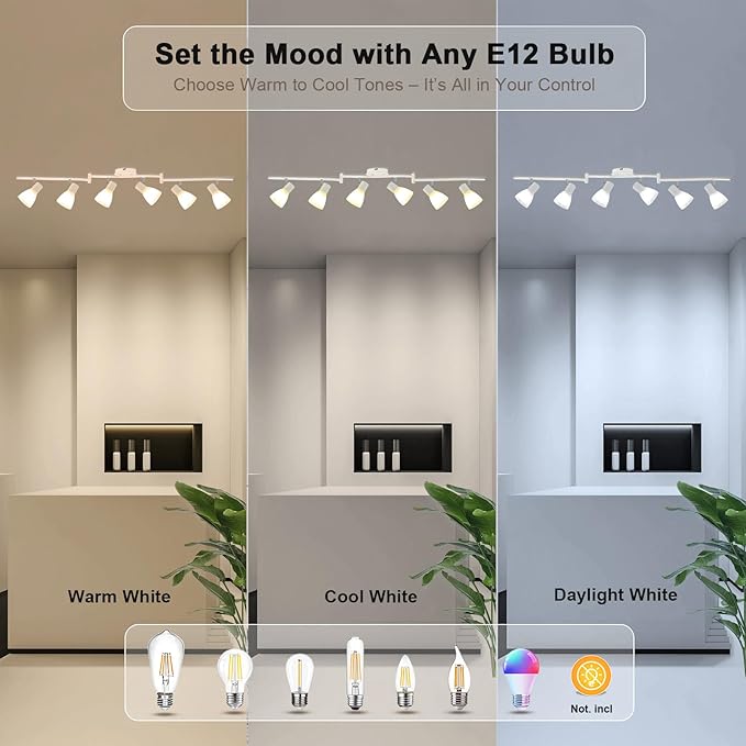 HiBay 6-Light Track Lighting White, Flexible Ceiling Light Fixture w/Glass Shades, Modern Track Spot Lights Indoor for Kitchen, Living Room, Dining Room, E12 Base, No Bulbs