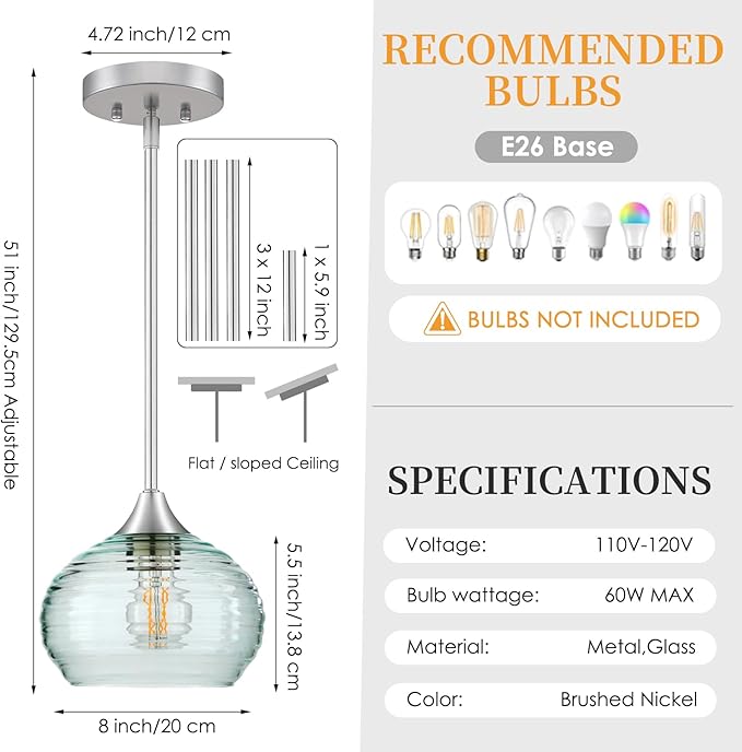 Pendant Lights Kitchen Island, Single Pendant Lights with Adjustable Height 5"-42", Pendant Light Fixtures with Green Glass Shade, Green Pendant Light for Living Room Bedroom Dining Room E26 Base