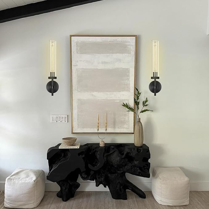 Modern Black Wall Sconces Bathroom Vanity Light Fixtures, Glass Tube Wall Sconces Set of Two, sconces wall lighting indoors, Wall Lights for Mirror, Living Room, Bedroom, Hallway (including bulb)