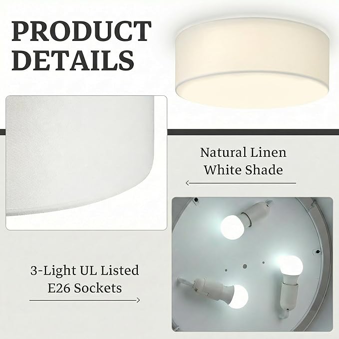 Flush Mount Ceiling Light, 16'' Modern Close to Ceiling Lamp with White Fabric Drum Shade, 3-Light Semi Flush Mount Ceiling Light Fixture, Farmhouse Ceiling Light for Bedroom Living Room