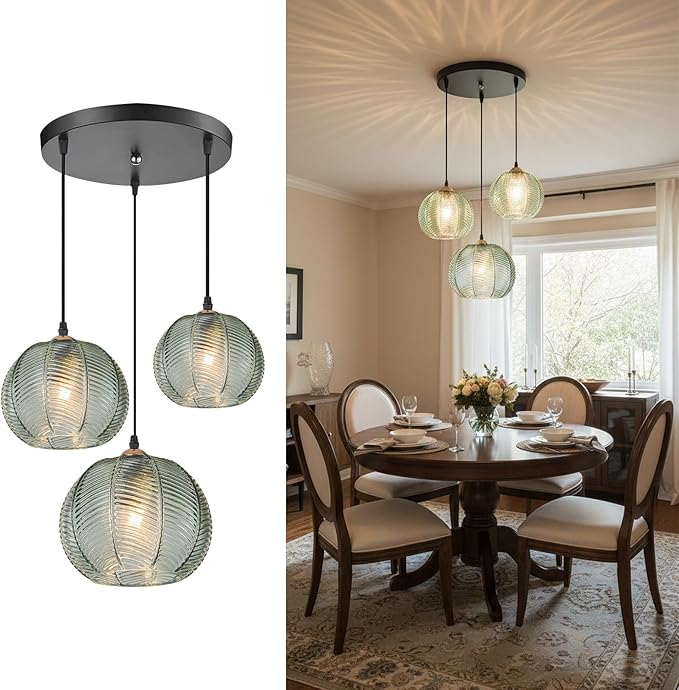 3-Light Cluster Chandelier, Mid Century Modern Dining Room Light Fixture Over Table, Kitchen Island Hanging Pendant Light Adjustable with Ribbed Glass Globe, Farmhouse Foyer Lighting