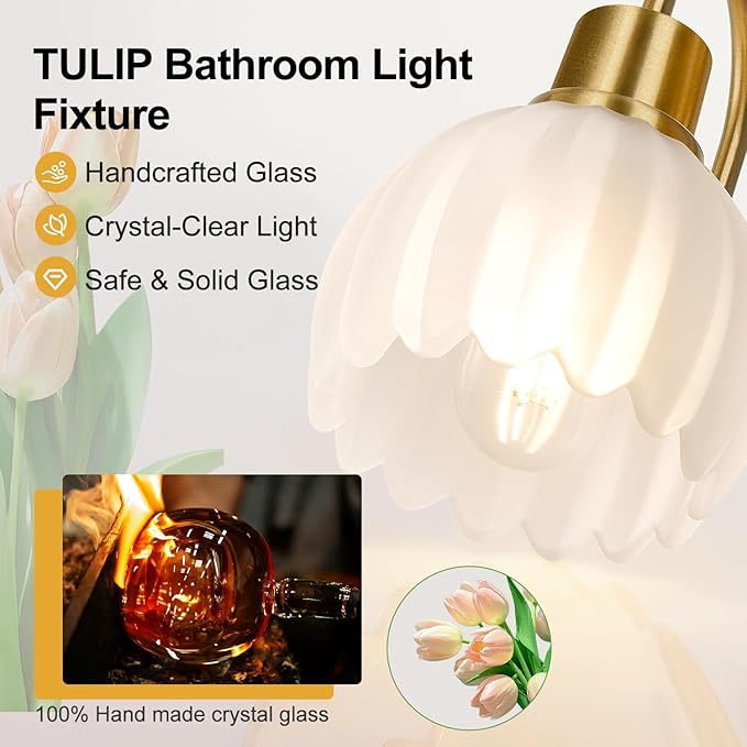 4-Light Bathroom Light Fixtures, 27" Brushed Gold Vanity Lights for Bathroom with Ribbed Frosted Clear Tulip Glass Shade, Vintage Bathroom Vanity Lighting Fixtures Over Mirror for Living Room Hallway