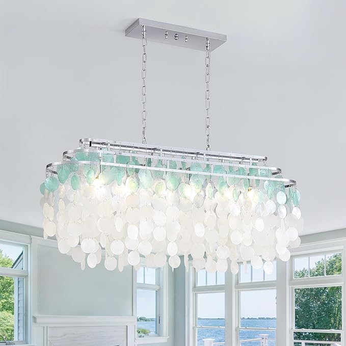 47Inch Capiz Shell Chandelier Coastal Dining Room Chandeliers Modern Pendant Light 6 Lights Beachy Vibe Island Lights for Living Room, Dining Room, Bedroom, Kitchen Island, Foyer, Pool Table Light