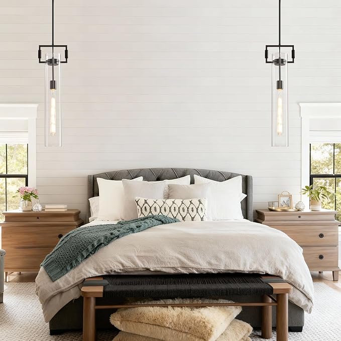 Matte Black Glass Pendant Light: Modern Knurled Brass Pendant Lights Kitchen Island - Contemporary Hanging Light Fixtures with Long Tube - Cylinder Pendants Lighting over Table for Kitchen Bathroom