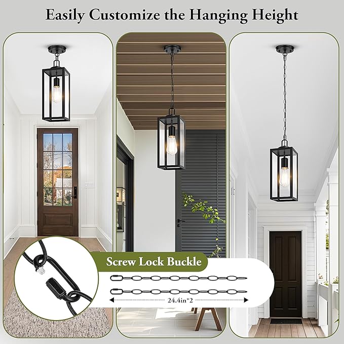 BesLowe 1-Pack Outdoor Pendant Light, 15” Modern Hanging Lantern Light for Outside, Black Exterior Pendant Lighting Fixture with Adjustable Chain, Outdoor Chandelier for Porch, Gazebo, Front Door