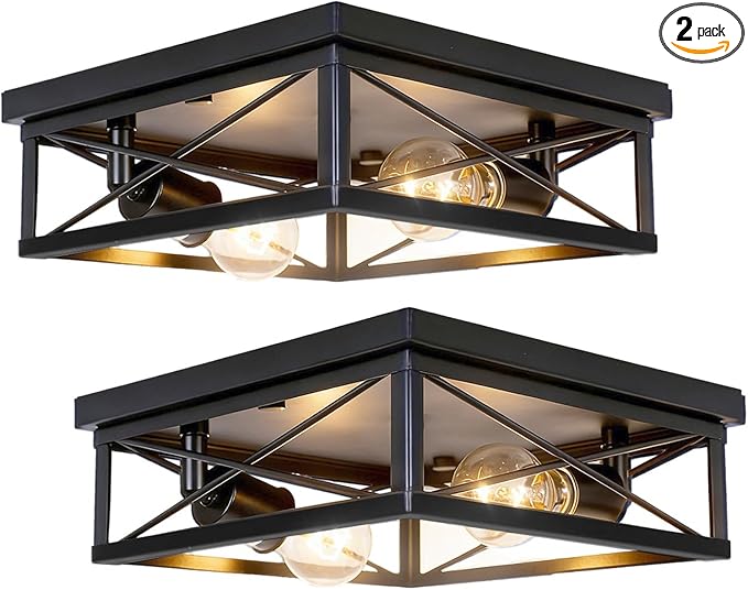 COTULIN 2-Pack Farmhouse Black Flush Mount Ceiling Lights, Industrial Square Metal Cage Light fixtures for Bedroom Hallway Kitchen Balcony Porch Stairway