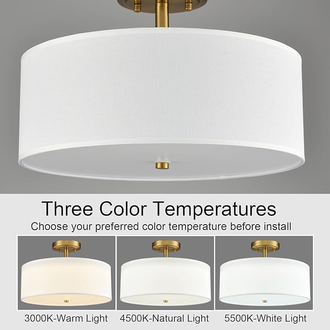 Dimmable Gold Semi Flush Mount Ceiling Light with Drum Shade Ceiling Light Fixture 30W 3000K/4500K/5500K Brass LED Flush Mount Light for Bedroom Hallway Living Room, 15-Inch