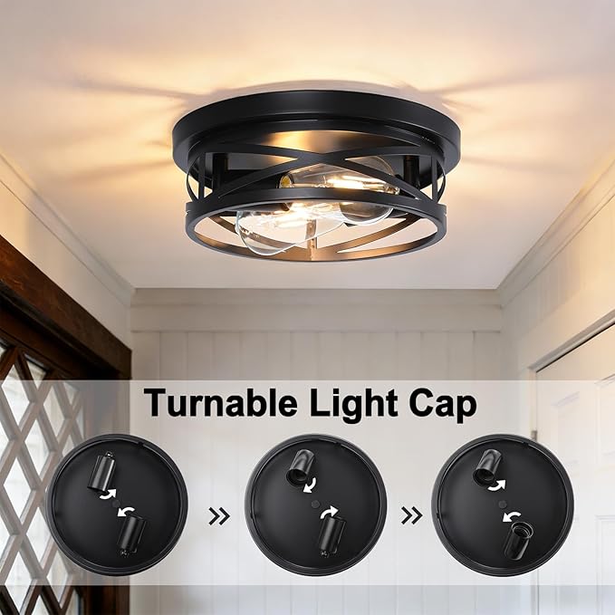 COTULIN Farmhouse Black Flush Mount Ceiling Lights 2 Pack, Industrial Metal Cage Hallway Round Light fixtures with Rustic Light fixtures for Living Room Bedroom, Hallway, Kitchen (2-Light)