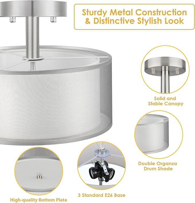 FOLKSMATE Silver Semi Flush Mount Ceiling Light Fixture, 3-Light Drum Light with Double Fabric Shade, Modern Close to Ceiling Lamp for Living Room, Bedroom, Dining Room, Kitchen, Hallway, Entry, Foyer