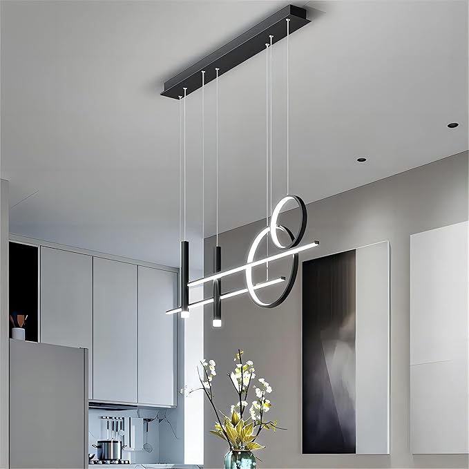 6 Lights LED Island Light, 39.4 Inch Creative Island Light with Remote Control & Infinitely Dimmable Hanging Light, Geometric Linear Pendant Light for Dining Room, Black