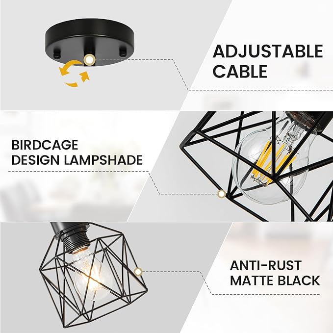 3 Pack Hanging Pendant Light Fixtures, Farmhouse Kitchen Island Light Fixture, Industrial Hanging Pendant Lighting for Dining Room Bedroom Hallway, Black Metal Cage Pendant Lamp, E26 Base