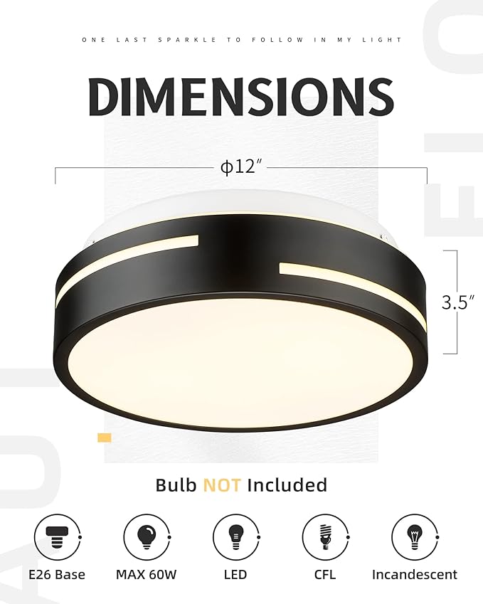 AUTELO Black Ceiling Light, 12" Flush Mount Ceiling Light with Frosted Glass in Matte Black Finish, 2-Light Modern Light Fixture Ceiling Mount for Bedroom, C3871 BK E26-NR