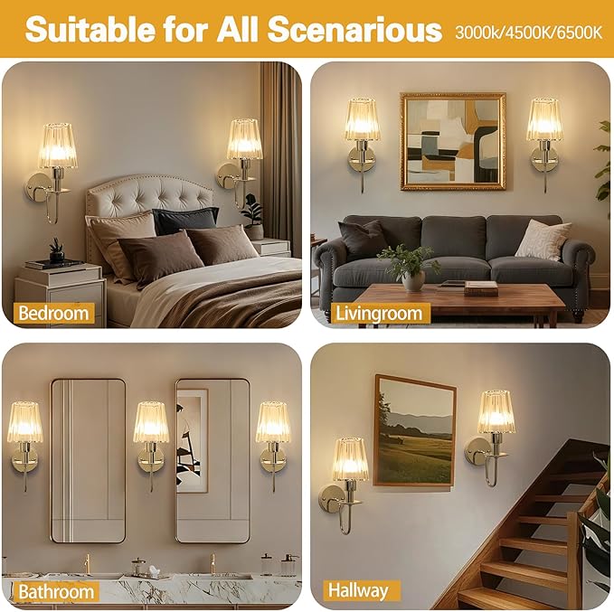 Battery Operated Wall Sconces Set of 2 – 5200mAh Rechargeable Crystal Glass, 15 Colors & 10-Level Dimmable, Wireless Wall Lights for Living Room & Bedroom,Sliver