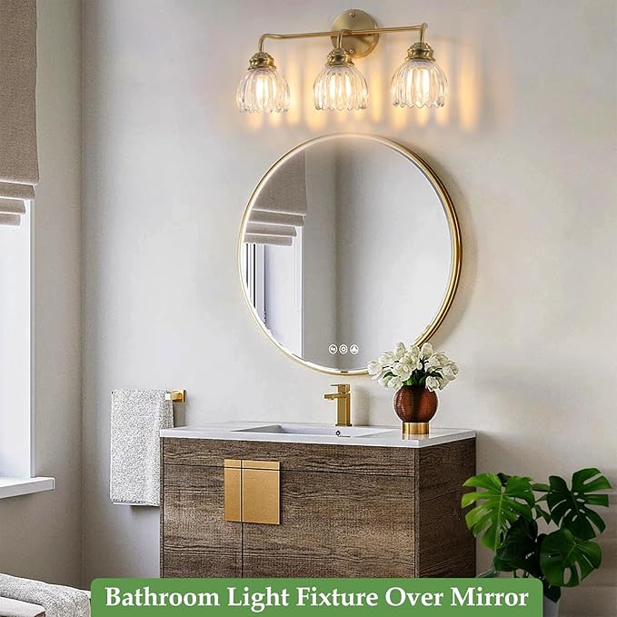3 Light Vintage Bathroom Light Fixtures, Gold Bathroom Vanity Light, Brass Finish with Clear Tulip Glass Shade, Wall Lighting for Bedroom, Living Room, Hallway,E26 Base