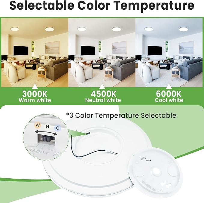 zemty Flush Mount Ceiling Light 9Inch 24W 2400LM Flat Led Lighting Fixture for Ceiling - 3000K 4500K 6000K Selectable - Super Thin & Low-Profile Round Lamp for Bedroom Kitchen Bathroom Garage, 6PACK