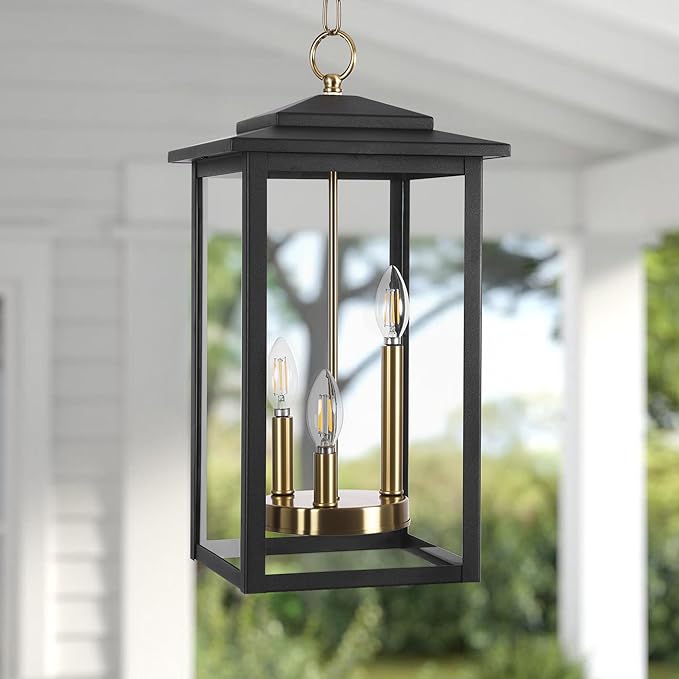LamQee Large Outdoor Pendant Lights, 3-Lights Black and Gold Outdoor Chandelier Lighting Fixture, Modern Exterior Ceiling Hanging Lantern with Glass, for Porch Front Door Patio Gazebo Entryway Foyer