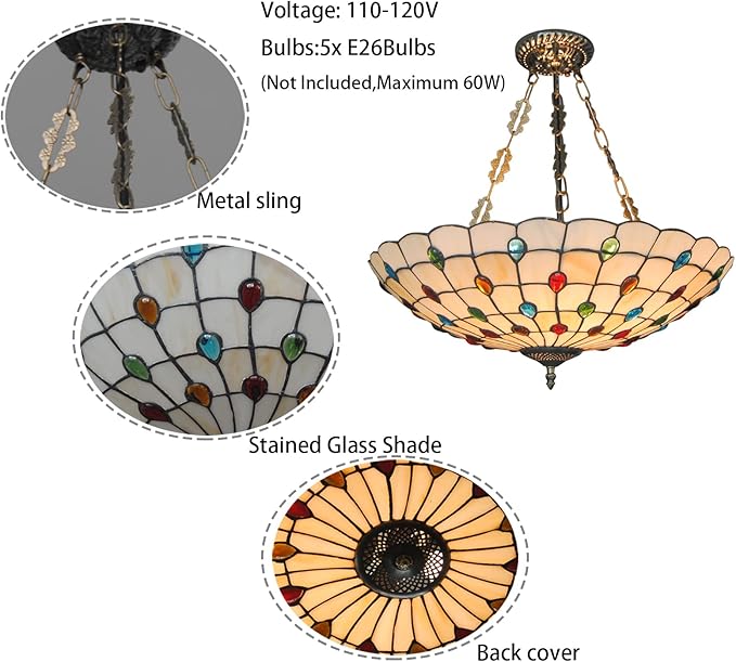 TFCFL 20.5Inch Tiffany Ceiling Light Fixtures Semi Flush Mount Stained Glass Peacock Green Inverted Tiffany Pendant Light for Kitchen Living Room Bedroom Dinning Room
