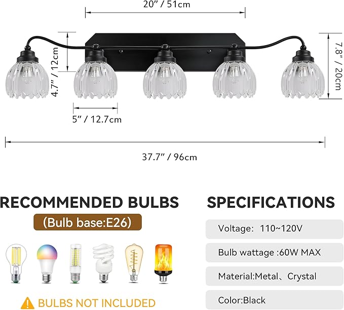 Vintage Bathroom Light Fixtures, 5 Light Bathroom Vanity Light, Black Matte Antique Brass Finish with Crystal Glass Shade, Mid Century Wall Sconces for Bedroom, Living Room, Hallway