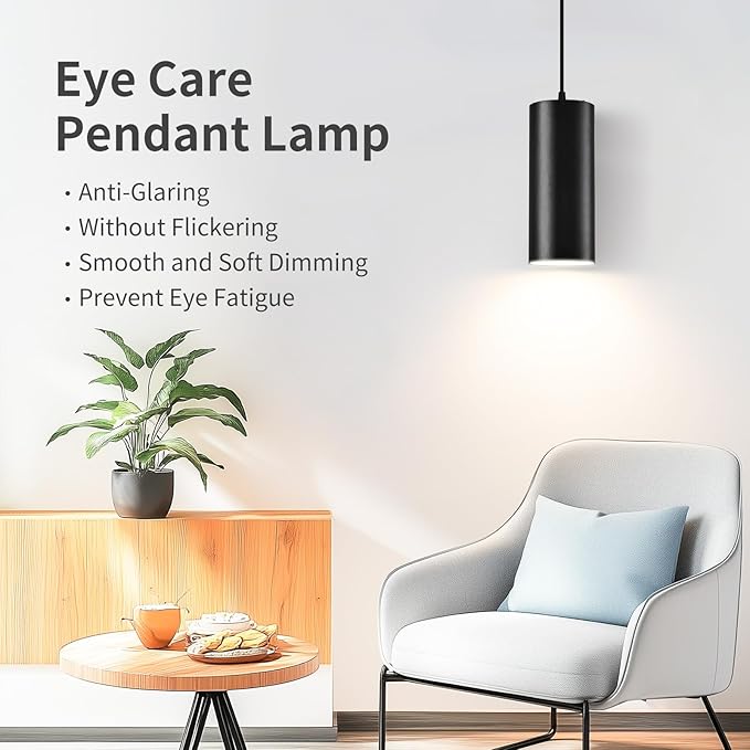 4" Pendant Lights Kitchen Island, 25W Cylinder Hanging Lights with Dipswitch, Modern Eye Care Led Pendant Lamp fixtures for Bedroom, Living Room, Office (Black, 1 Pcs)