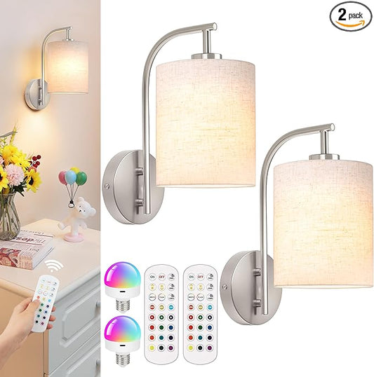 MATAMEYE Battery Operated Wall Sconce Set of 2, Brushed Nickel Rechargeable Dimmable Wall Light Fixture Remote, 12 RGB Colors & Timer, Wireless Lamp White Shade