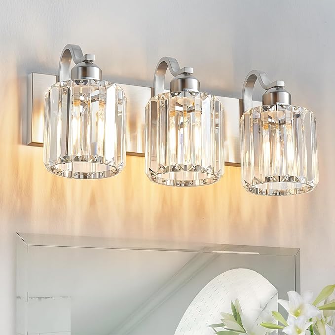 Modern Vanity Light 3-Lights Brushed Nickel Vanity Light Crystal Bathroom Wall Light Bathroom Light Fixtures with Round Shade (Exclude Bulb)