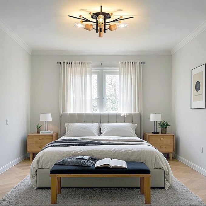 4 Light Sputnik Light Fixture Black Flush Mount Lights Industrial Ceiling Light Wood 25.24" Modern Farmhouse Ceiling Lights for Kitchen Bedroom Bathroom Foyer Hallway(E26)