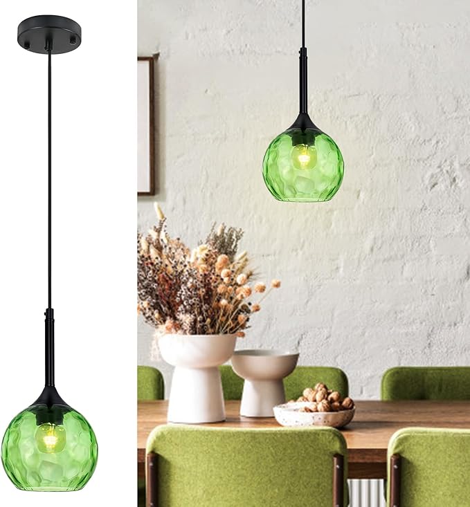 JHLBYL Glass Pendant Lights Kitchen Island: 5.91'' 1-Light Green Hammered Glass Pendant Light with Black Finish - Modern Minimalist Hanging Light Fixture for Kitchen Sink Dining Room - E26 Base