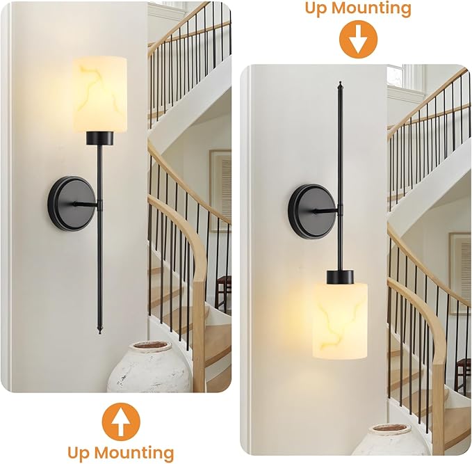 Black Wall Sconces Set of 2 with Marble Glass Shade, Modern Bathroom Vanity Light Fixtures for Bedroom, Hallway, Entryway, Living Room